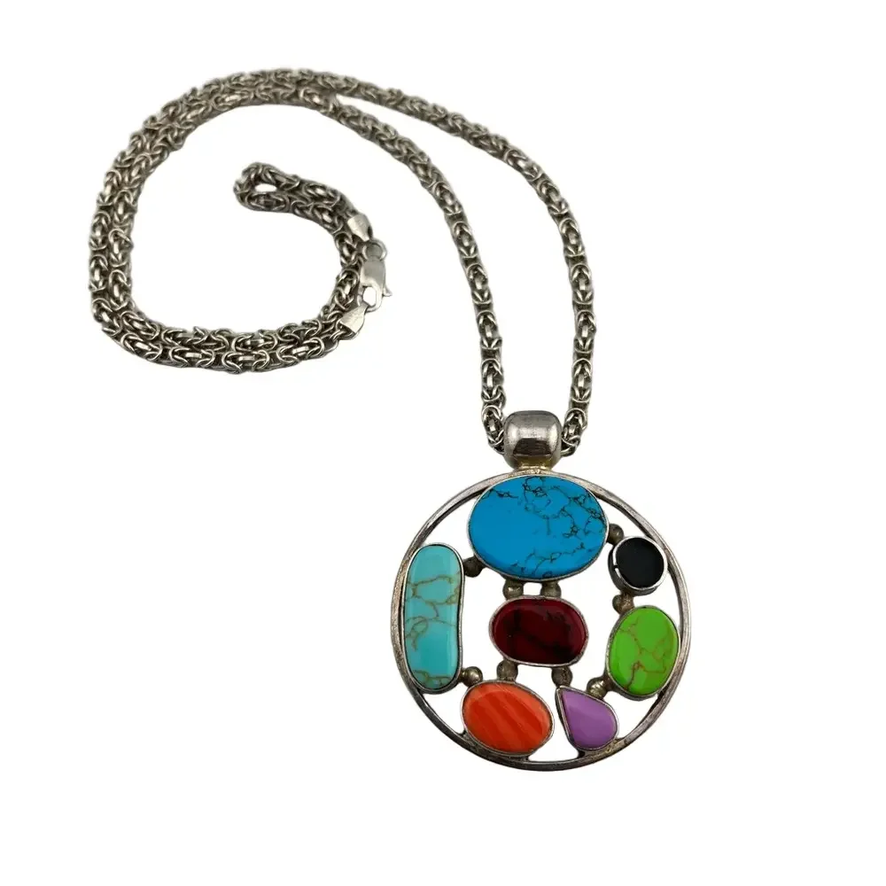 Southwest Inlay Multi Stone 925 Pendant 29g Necklace 925 Chain 20g Heavy 22”